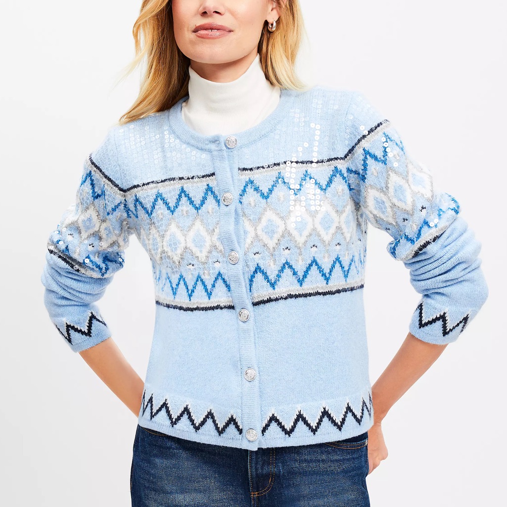 Loft Sequin Fair Isle Sweater Jacket Light Blue Size Xs Cotton Blend